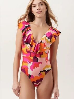 Trina Turk Fan Fair Ruffle Plunge Colorful One-Piece Swimsuit size 12